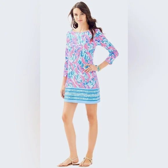 Lilly Pulitzer Blue Pink Lobster Cracked Up Cosmic Coral Marlowe Dress Large - Picture 5 of 16